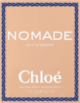 Beżowe pudełko Chloé Nomade Nuit D'Egypte EDP 30ml z białymi napisami i granatową plecioną obwódką, widok z przodu.