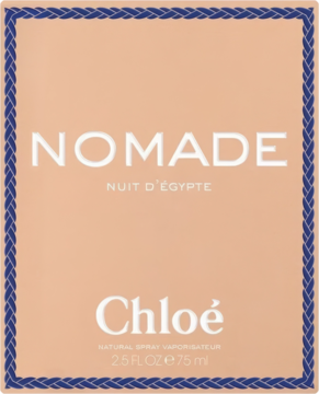 Chloé Nomade Nuit D'Égypte woda perfumowana, beżowe pudełko z plecioną granatową ramką, widok z przodu.