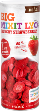 Mixit BIG MIXIT LYO Crunchy Strawberries, białe opakowanie tuby, widok z przodu, z liofilizowanymi truskawkami.