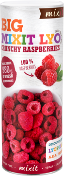 Białe opakowanie Mixit Lyo Crunchy Raspberries. Widok z przodu, 100% liofilizowanych, czerwonych malin, wegańskie.
