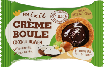 Zielone opakowanie Mixit Crème Boule Coconut Heaven, z obrazem przekrojonego ciastka i orzechowo-czekoladowego kremu.