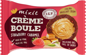 MIXIT Creme Boule ,ciastko daktylowe z liofilizowanymi owocami z kremem orzechowo-karmelowym, Strawberry Caramel,przód