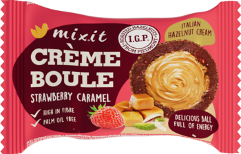 Różowe opakowanie Mixit Crème Boule Strawberry Caramel, daktylowe ciastko z kremem orzechowo-karmelowym, widok z przodu.