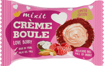 MIXIT Creme Boule ,ciastko daktylowe z liofilizowanymi owocami wypełnione migdałowym kremem,przód