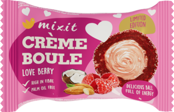 Mixit Crème Boule Love Berry, limitowana edycja, różowe opakowanie ciastka daktylowego, z grafiką malin i migdałów. Widok z przodu.