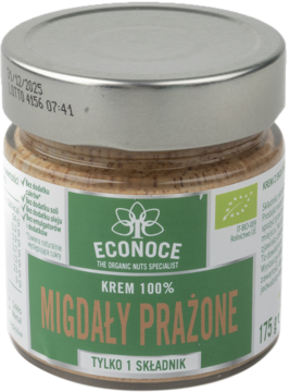 Szklany słoik kremu z prażonych migdałów Econoce, zielona etykieta, metalowa zakrętka, widok z przodu.