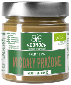 Słoik kremu migdałowego prażonego ECONOCE z zieloną etykietą i srebrną nakrętką. Widok z przodu, 100% migdałów.