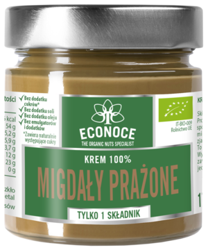 Słoik kremu migdałowego prażonego ECONOCE z zieloną etykietą i srebrną nakrętką. Widok z przodu, 100% migdałów.
