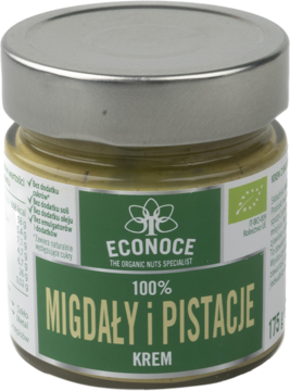 Krem Econoce 100% Migdały i Pistacje w szklanym słoiku z zieloną etykietą, widok z przodu pod kątem.