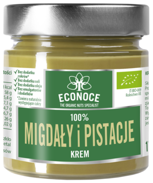 Słoik kremu ECONOCE 100% Migdały i Pistacje, zielona etykieta, widok z przodu. Bez dodatku cukru i oleju.
