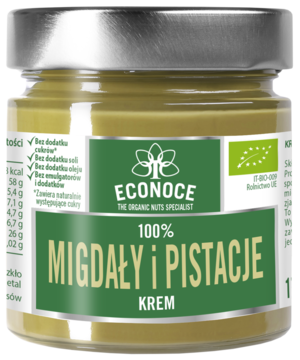 Słoik kremu ECONOCE 100% Migdały i Pistacje, zielona etykieta, widok z przodu. Bez dodatku cukru i oleju.