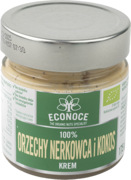 Szklany słoik kremu nerkowca i kokosa Econoce 175g, z zieloną etykietą, widok z przodu.