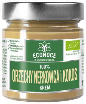 Krem orzechowy Econoce z nerkowców i kokosa w szklanym słoiku z zieloną etykietą i srebrną nakrętką, widok z przodu.