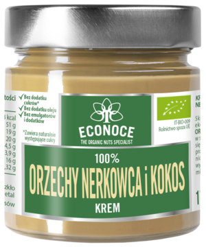 Krem orzechowy Econoce z nerkowców i kokosa w szklanym słoiku z zieloną etykietą i srebrną nakrętką, widok z przodu.