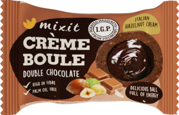Brązowe opakowanie Mixit Crème boule Double Chocolate, ciastko z kremem orzechowym i kakao, bez oleju palmowego.