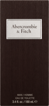 Pionowe pudełko Abercrombie & Fitch w ciemnobrązowe paski, z białym napisem i opisem męskiej wody toaletowej, widok z przodu.
