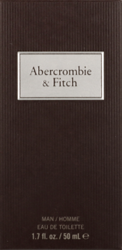 Ciemnobrązowe, prążkowane pudełko Abercrombie & Fitch Man Eau de Toilette 50ml z srebrną etykietą, przód.