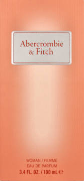 Brzoskwiniowe pudełko perfum Abercrombie & Fitch EAU DE PARFUM 100ml dla kobiet, widok z przodu.