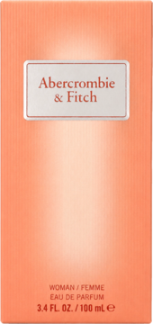 Abercrombie & Fitch Woman Eau de Parfum, 100 ml. Brzoskwiniowe pudełko z białym panelem i nazwą, widok z przodu.