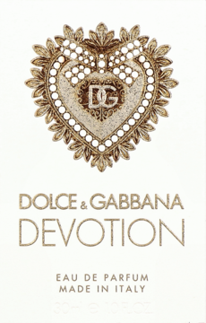 Białe opakowanie perfum Dolce & Gabbana Devotion z przodu, ozdobione złotym sercem DG.