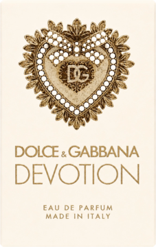 Biała karta zapachowa Dolce & Gabbana Devotion Eau de Parfum, ze złotym sercem DG z perełkami. Widok z przodu.