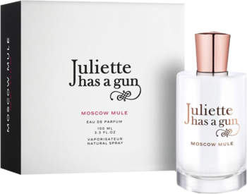 Juliette Has A Gun Moscow Mule, perfumy damskie, biała butelka z różowozłotą nakrętką i pudełkiem, widok z przodu.