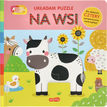Edukacyjna książeczka-puzzle "Na wsi" Akademia Mądrego Dziecka, z puzzlem krówki na barwnej okładce.