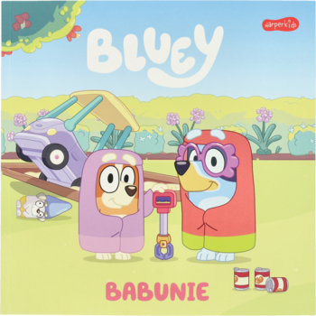 Bluey Babunie, książka dla dzieci: okładka z psami Bingo i Bluey w kolorowych ręcznikach z mikrofonem.