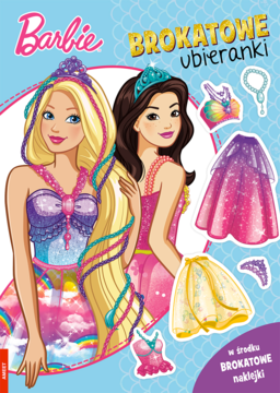 Okładka Barbie Brokatowe Ubieranki: lalki, fioletowe i żółte brokatowe stroje, naklejki. Widok z przodu.