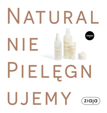 Ziaja Naturalnie Pielęgnujemy: wegańskie kosmetyki – butelki i słoiczki na białym tle, duży brązowy napis.