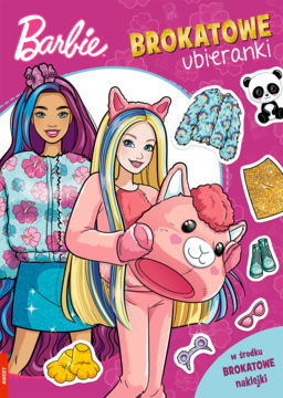 Okładka książki Barbie Brokatowe Ubieranki z dwiema lalkami i brokatowymi naklejkami modowymi, widok z przodu.