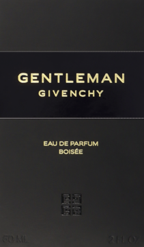 Czarne opakowanie męskiej wody perfumowanej Givenchy Gentleman Boisée, złote napisy, widok z przodu.