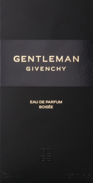Czarne, eleganckie opakowanie perfum Gentleman Givenchy Boisée ze złotymi napisami, widok z przodu.