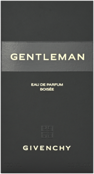 Givenchy Gentleman Boisée woda perfumowana dla mężczyzn, eleganckie czarne pudełko z poziomym pasem i złotymi napisami, widok z przodu.