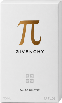 Białe pionowe pudełko perfum Givenchy Pi EDT 50 ml ze złotym symbolem Pi i nazwą, widok z przodu.
