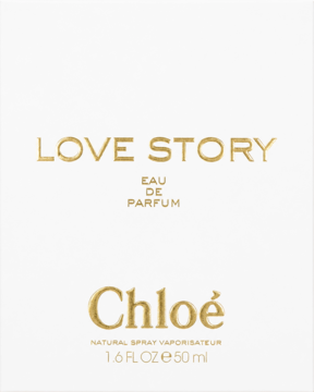 Chloé Love Story Eau de Parfum 50ml w białym opakowaniu ze złotymi napisami i logo, widok z przodu.