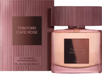 Różowy flakon i opakowanie Tom Ford Café Rose z pionowymi żłobieniami, ukazane od przodu.