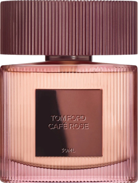 Tom Ford Café Rose w różowo-brązowej butelce perfum, prążkowane szkło, widok z przodu.