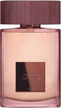 Woda perfumowana Tom Ford Café Rose w r&# F3έowej, ryflowanej butelce z ciemn&# F4έ etykiet&# F4;έ i pr&# F99;έέkowanym korkiem, widok z przodu.