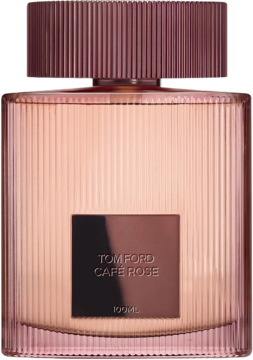 Tom Ford Café Rose, różowa woda perfumowana w eleganckiej, żebrowanej butelce 100ml, widok z przodu.