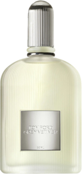 Tom Ford Grey Vetiver woda perfumowana dla mężczyzn, butelka 50ml, widok frontalny na jasną ciecz i srebrną etykietę.
