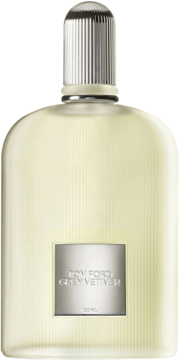 Flakon perfum Tom Ford Grey Vetiver 100ml, jasny, z pionowymi żłobieniami i srebrną nakrętką, widok z przodu.