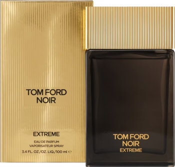 Tom Ford Noir Extreme męska woda perfumowana. Złote pudełko obok matowej czarnej butelki ze złotym korkiem, widok z przodu.