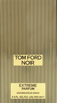 Eleganckie złoto-czarne opakowanie Tom Ford Noir Extreme Parfum z pionowymi paskami, widok z przodu.