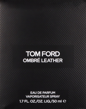 Czarny kartonik Tom Ford Ombré Leather EDP z wytłoczoną fakturą, białe napisy na centralnej etykiecie, widok z przodu.