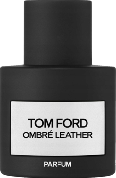 Tom Ford Ombré Leather Parfum w matowej czarnej butelce z białą etykietą i kwadratowym korkiem, widok z przodu.