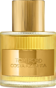 Złoty flakon perfum Tom Ford Costa Azzurra z żeberkowanym korkiem, frontalny widok luksusowego zapachu morskiego.