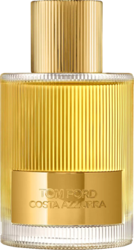 Złota, prostokątna butelka perfum Tom Ford Costa Azzurra, z pionowymi żłobieniami, widok z przodu.