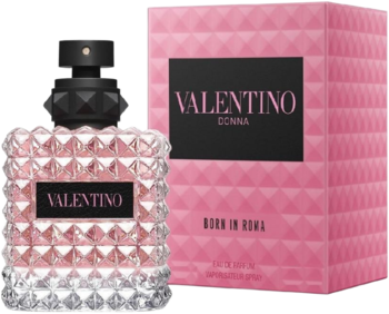 Perfumy Valentino Donna Born In Roma: fasetowany różowy flakon z czarną zakrętką, obok różowego pudełka, widok z przodu.