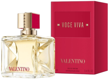 Valentino Voce Viva: złoty flakon i czerwone pudełko perfum dla kobiet, widok przodu, stojące obok.